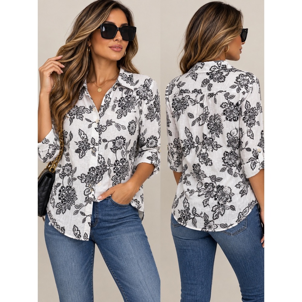 JM Collection White Black Floral 100% Linen Roll Tab 3/4 Sleeve Shirt 1211SFW460